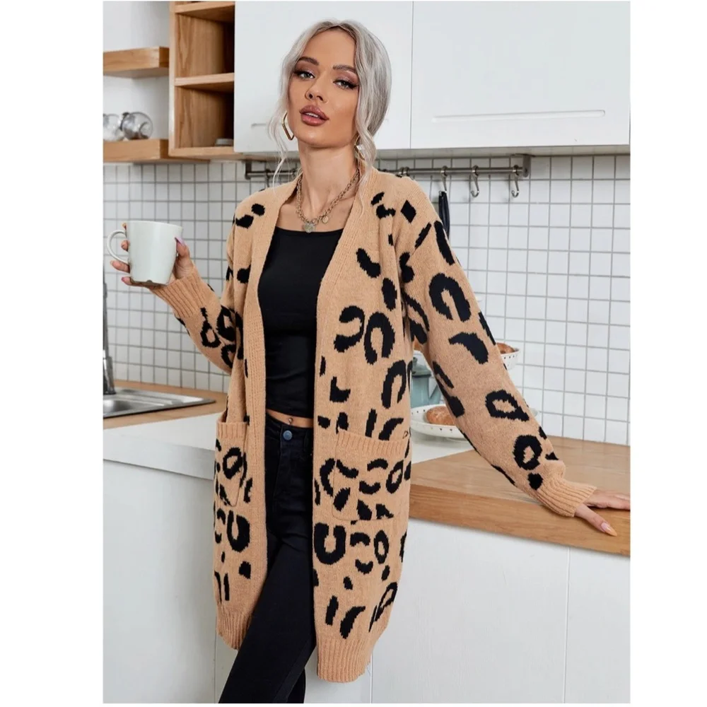 Cheetah Print Camel Tan Open Cardigan Thigh Length Long Sleeve - Picture 3 of 7